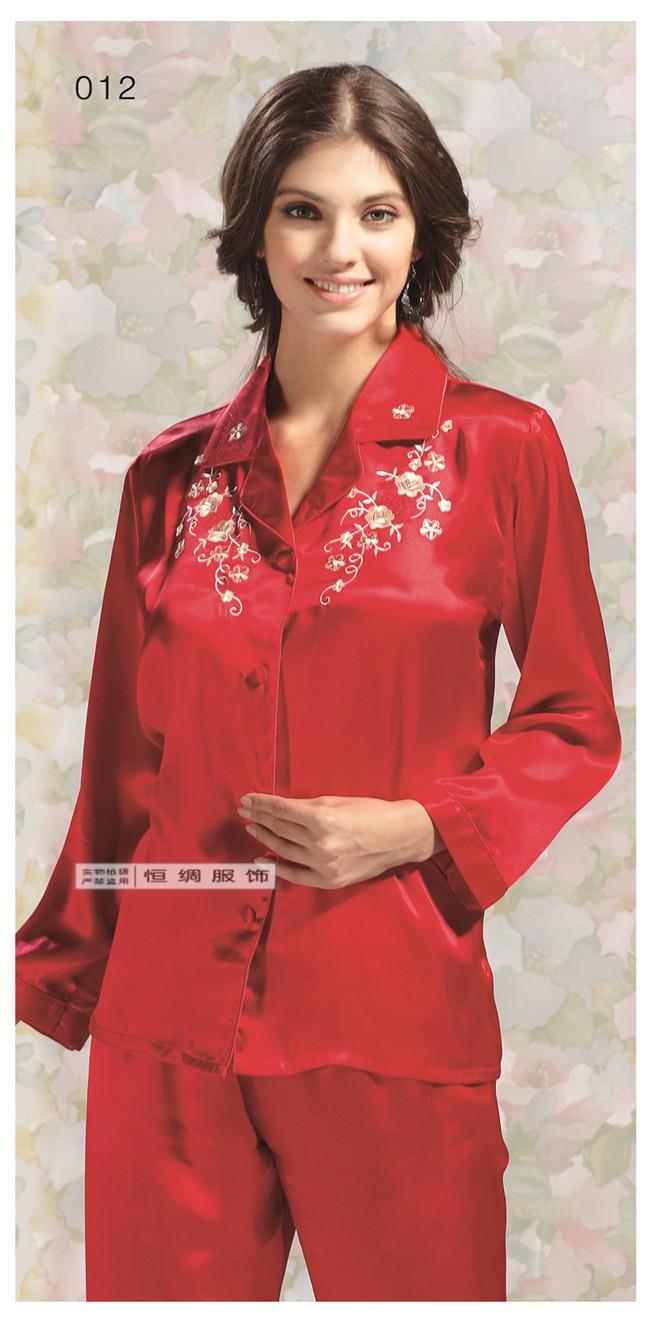 Mulberry silk sleepwear women's spring and summer long-sleeve top trousers split set 012