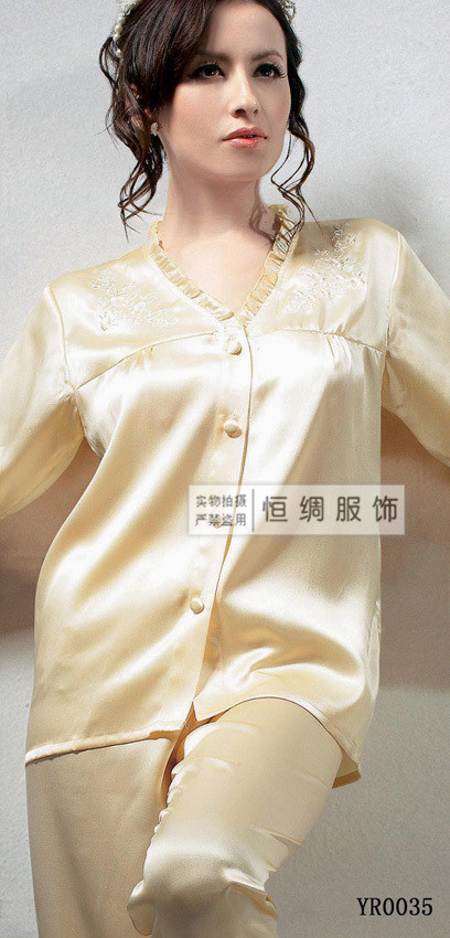 Mulberry silk sleepwear women's spring and summer V-neck long-sleeve top trousers home set 035