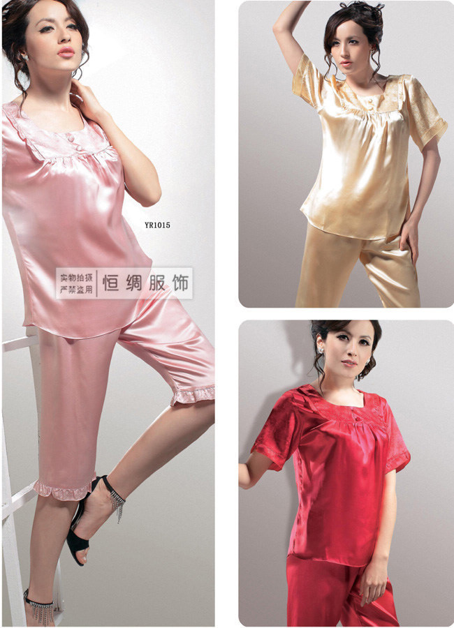 Mulberry silk sleepwear women's summer lounge short-sleeve top capris set 1015