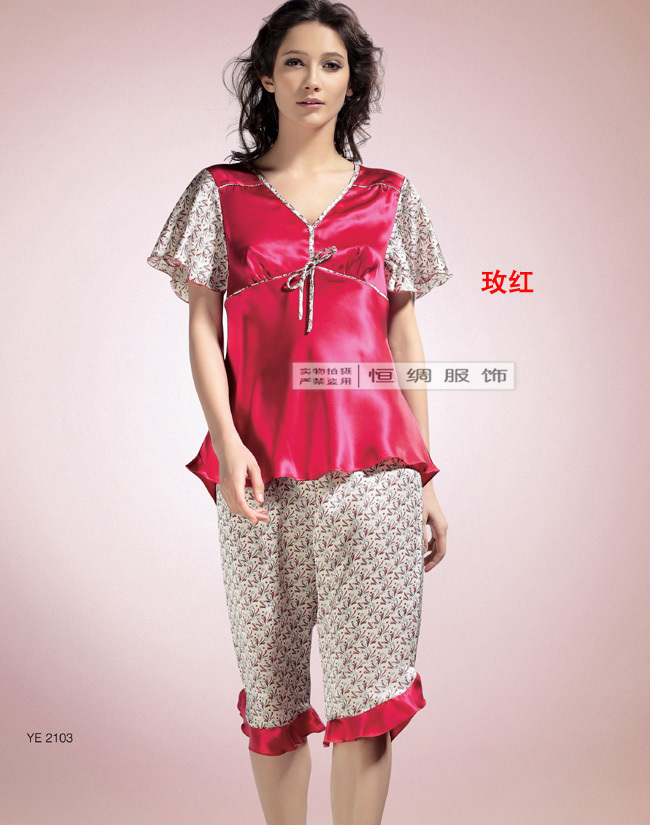 Mulberry silk sleepwear women's summer V-neck short-sleeve top capris set lounge 2103