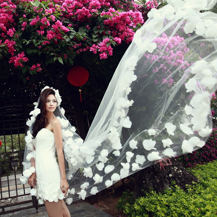 Multi-layer flower veil long trailing lace bridal veil gloves wedding dress accessories veil 6966