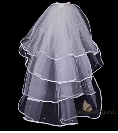 Multi-Layer Pretty White Wedding Veil Bridal Veil with Comb Ribbon With beaded pearl free shipping