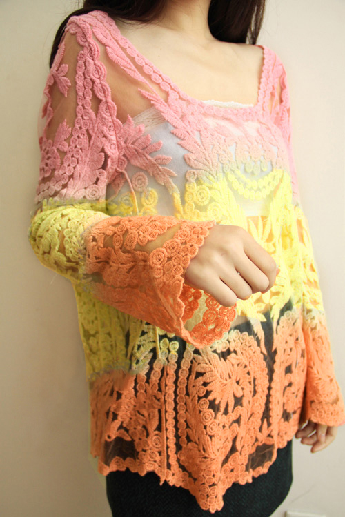 Multicolor Semi Sexy Sheer Sleeve Embroidery Floral Lace Crochet Tee Top T shirt Vintage