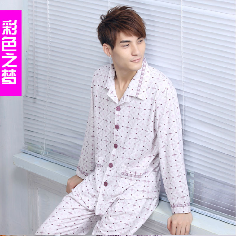 Multicolour autumn and winter knitted cotton casual turn-down collar male sleepwear long-sleeve sleepwear male lounge set