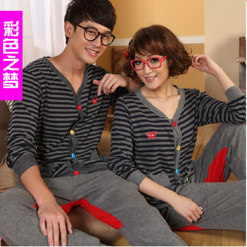Multicolour autumn and winter long-sleeve knitted cotton lovers sleepwear stripe V-neck sleepwear lounge set