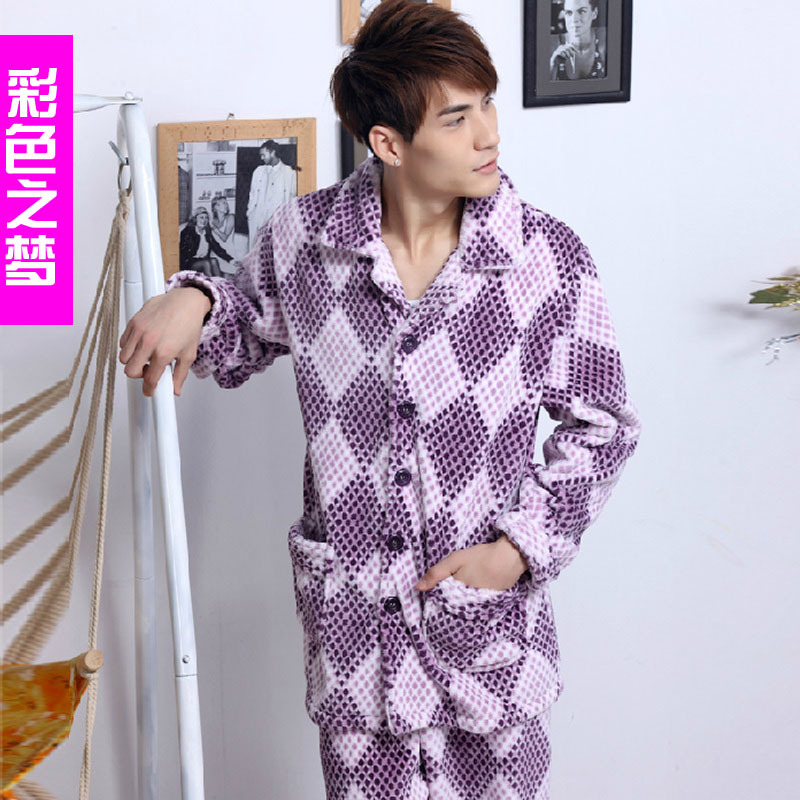 Multicolour autumn and winter long-sleeve turn-down collar casual Men thickening thermal coral fleece male sleepwear lounge set