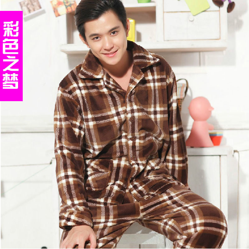 Multicolour autumn and winter male brown big plaid quality thickening coral fleece male sleepwear lounge set