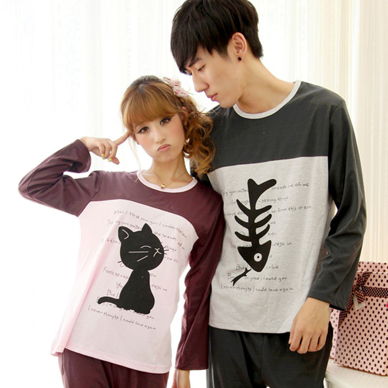 Multicolour autumn and winter men and women sleepwear long-sleeve cartoon lovers sleepwear cat fish sleepwear lounge set