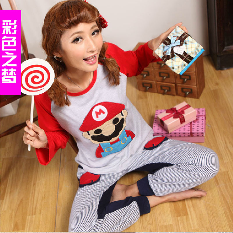 Multicolour autumn and winter women's cotton sleepwear long-sleeve cartoon female sleepwear lounge set
