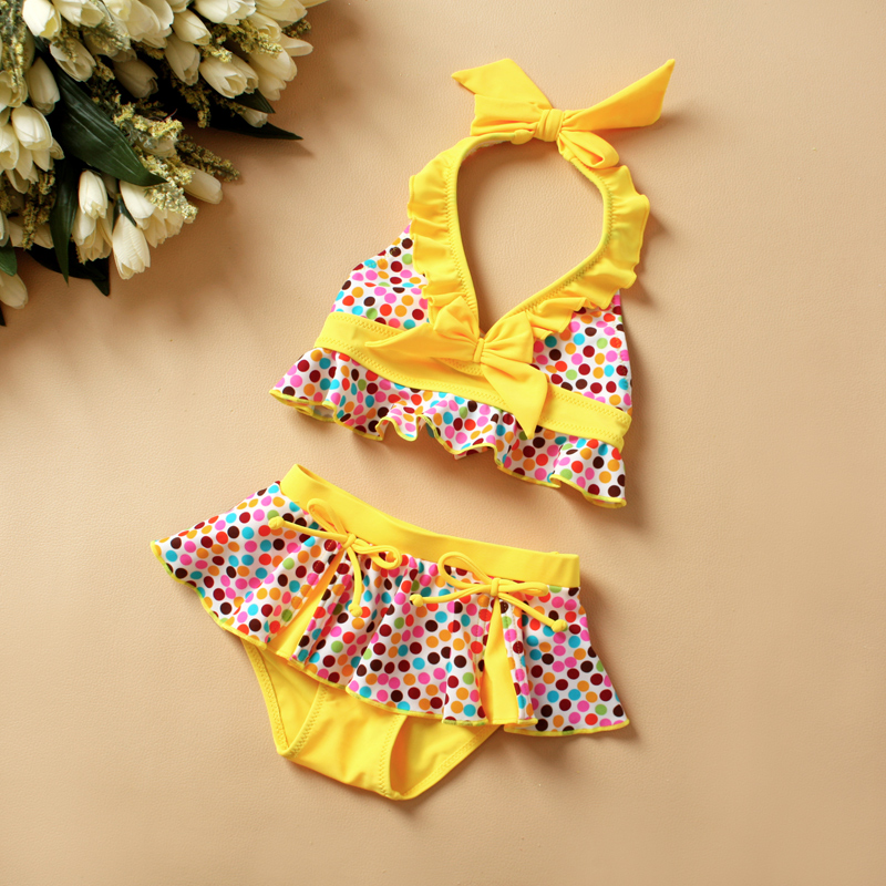 Multicolour dot bow dress style child swimwear female child split swimwear infant girl bikini swimwear
