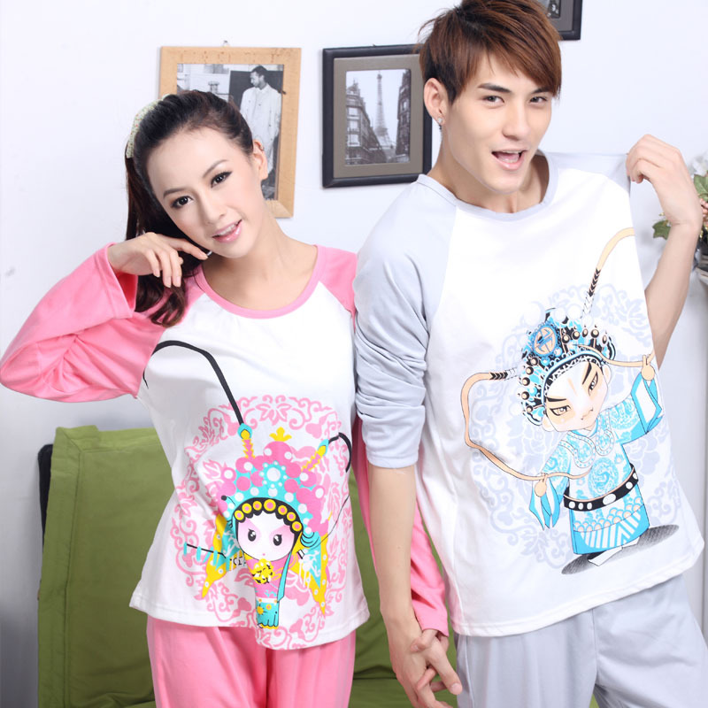 Multicolour lovers sleepwear autumn and winter knitted cotton cartoon marriage long-sleeve lounge set