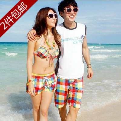 Multicolour plaid lovers beach pants quick-drying pants short design set shorts plus size