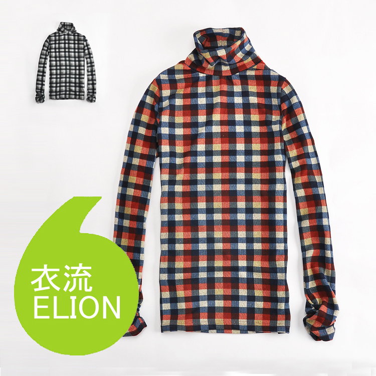 multicolour plaid pleated design~cuff comfortable knitted ~women's turtleneck long-sleeve basic shirt