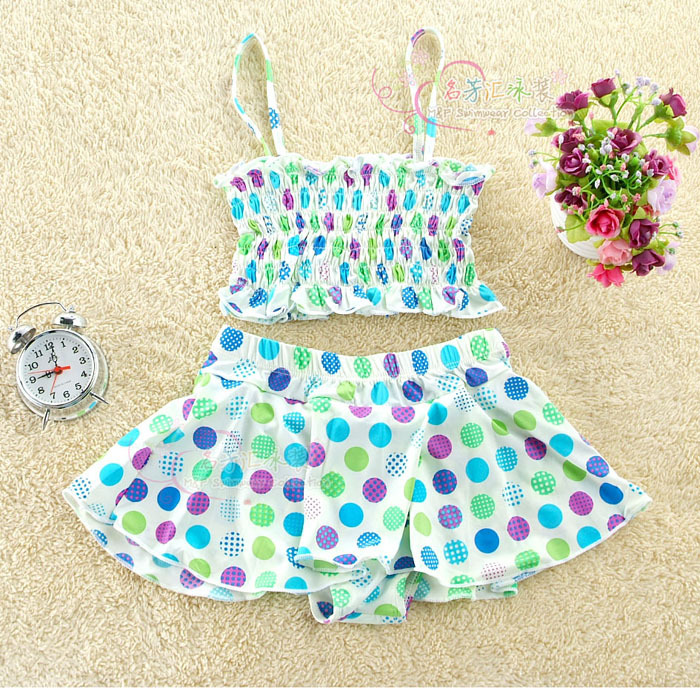 Multicolour polka dot children's swimwear clothing child swimwear female girl split swimwear retractable bust skirt style