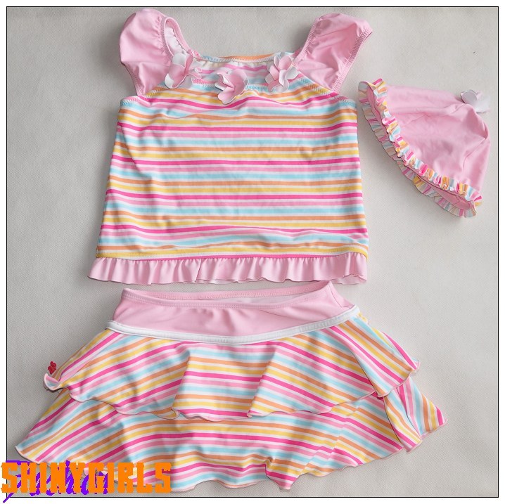 Multicolour stripe child layered dress pants split swimwear little girl
