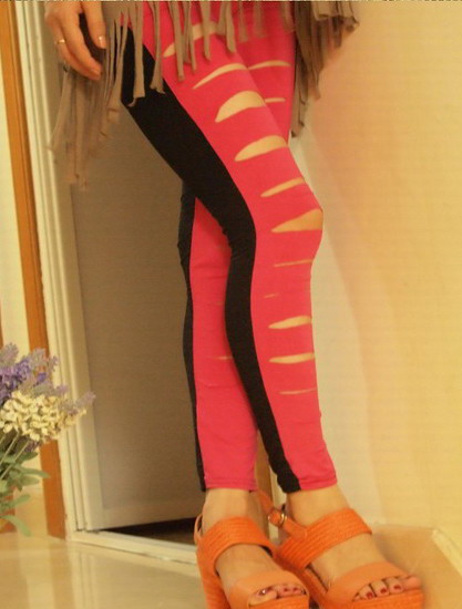 Multicolour stripe cutout socks slim stovepipe pantyhose 7708 red