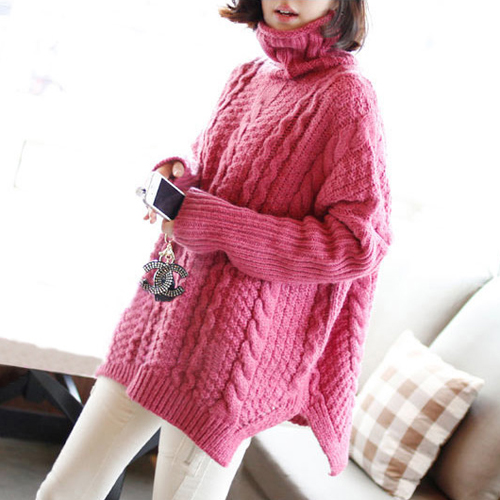 Multicolour twisted knitted placketing turtleneck sweater female