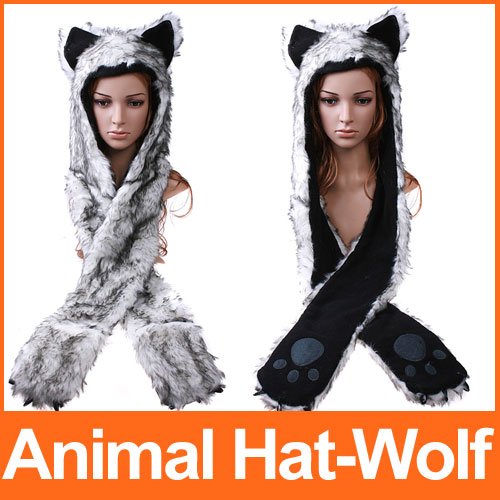 Multifunctional Cartoon Animal Hat Caps Wolf Plush Soft  Earmuff Scarf Gloves Warm Hat  Free Shipping wholesale