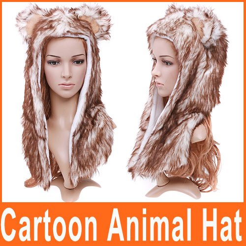 Multifunctional Cartoon Animal Hat Wolf Plush Soft Warm Cap Hat Earmuff Scarf  Free Shipping wholesale