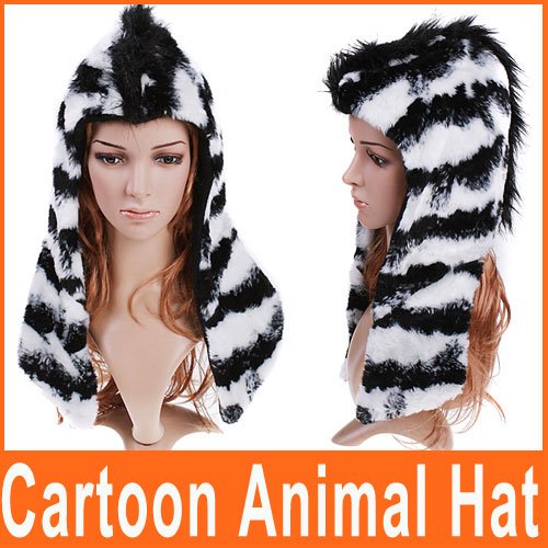 Multifunctional Cartoon Animal Hat Zebra Plush Soft Warm Cap Hat Earmuff Scarf Free Shipping wholesale