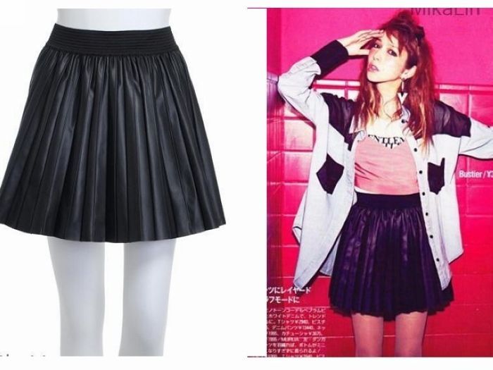 Murua end of a single autumn and winter sweet pleated PU leather skirt