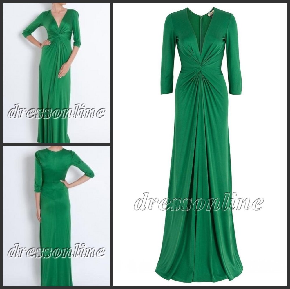MUS003 Free Shipping Cheapest Charming High Quality V Neck 3/4 Long Sleeves Green Jersey Formal Muslim Evening Gowns