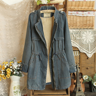 Mushroom 2012 stand collar drawstring slim waist plus velvet thickening denim wadded jacket outerwear ,Free shipping