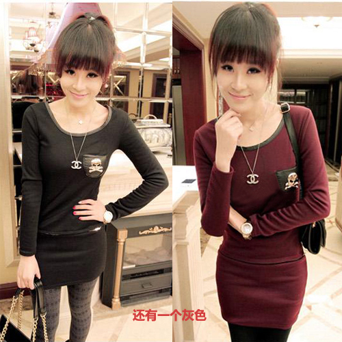 Mushroom 2013 spring plus velvet thickening one-piece dress skull faux leather pocket long-sleeve dress