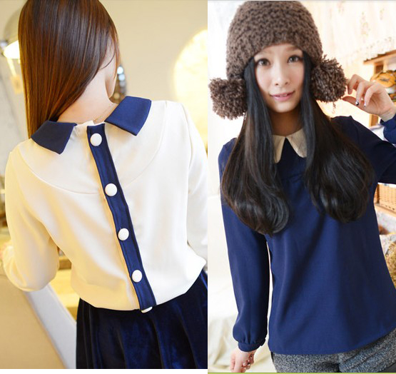 Mushroom 2013 spring women's color block decoration peter pan collar big round buckle behind thickening chiffon basic shirt