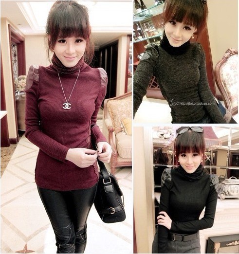 Mushroom 2013 spring women's heap turtleneck patchwork leather of sidepiece transparent lace basic shirt free shipping