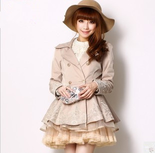 Mushroom autumn honey sisters equipment women's slim lace patchwork women's trench