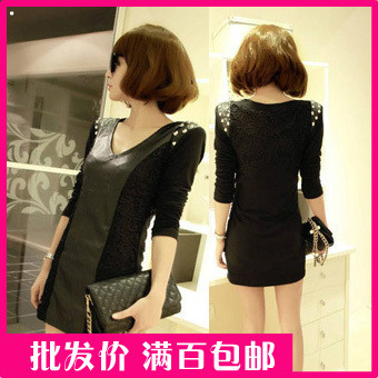 Mushroom autumn punk slim lace patchwork long-sleeve jumpsuit leather skirt women's