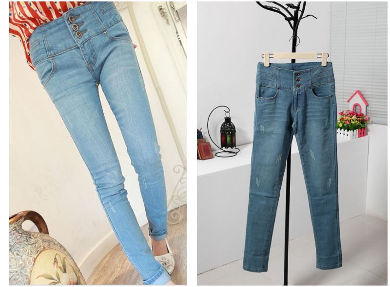 Mushroom autumn small fresh water light color vintage wash blue three button high waist paragraph denim pencil pants