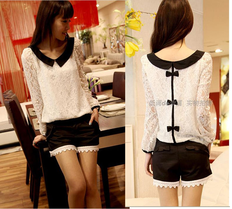 Mushroom clothes women's 2013 spring full lace bow peter pan collar top