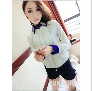 Mushroom clothes women's 2013 spring new arrival turn-down collar diamond interspersion color block shirt