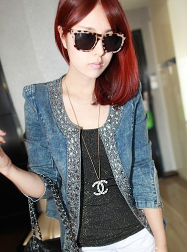 Mushroom sauteeded autumn vintage elastic denim rhinestone paillette long-sleeve outerwear denim top