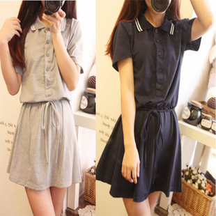 Mushroom sisters equipment honey navy preppy style vintage turn-down collar casual short-sleeve dress