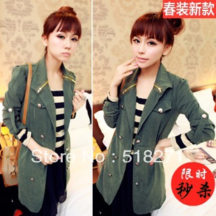 Mushroom spring and autumn clothes women's Army Green slim thin long design trench outerwear