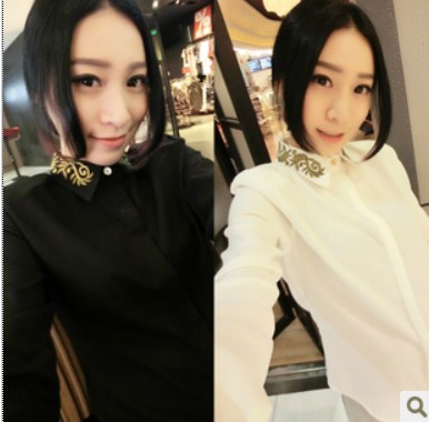 Mushroom women's 2013 spring trend clothes gold thread embroidery turn-down collar chiffon shirt sisters equipment