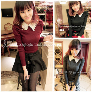 Mushroom women's honey winter doll turn-down collar puff sleeve sweater fashion long-sleeve shirt