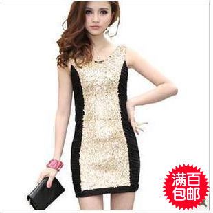 Mushroom women's slim paillette ol slim hip sexy pleated one-piece dress