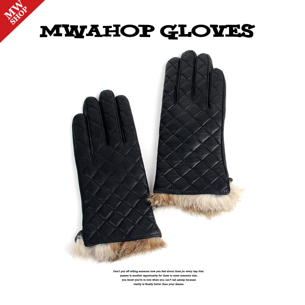 Mwshop vintage car plaid rabbit fur women's suede gloves genuine leather gloves female winter