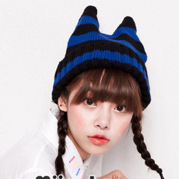 Mx31 autumn female fashion cat ear candy color block stripe thermal knitted hat
