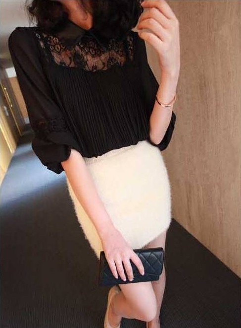 N18 2013 spring leather small lapel sexy black lace patchwork chiffon one-piece dress