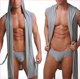 N2 n male bathrobe silky sexy robe sleepwear lounge with a hood sleepwear upperwear