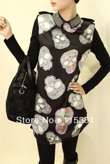 Nail beading lapel long basic shirt skull Epaulette chiffon shirt long Blouses Freeshipping