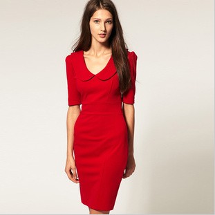 Nalula YL HOT! Fashion women's peter pan collar turn-down collar slim slim waist one-piece dress red Free shipping GO22