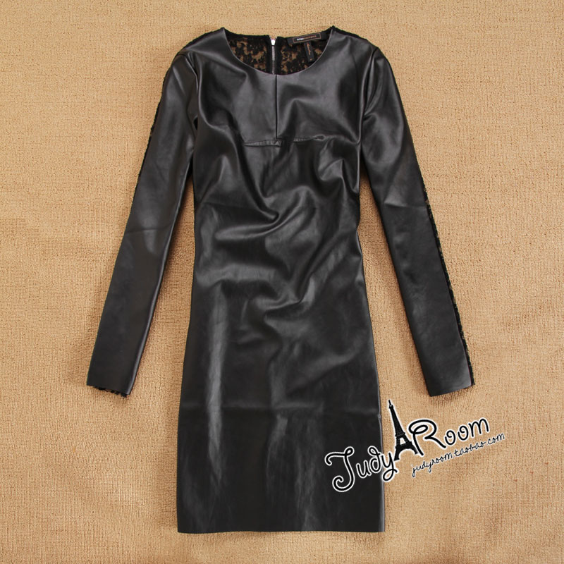 Namesake 2290 back sexy lace patchwork leather black one-piece dress