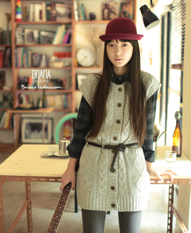 Nana autumn and winter all-match big dimond plaid medium-long thickening wool cardigan sweater outerwear c120913
