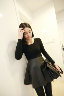 Nana korean ' knitted patchwork leather wool one-piece dress high waist one-piece dress